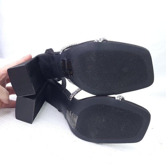 NEW Qupid Kancy 4" Tall Block Heels Rhinestone Straps Black Satin Shoes - Picture 8 of 9